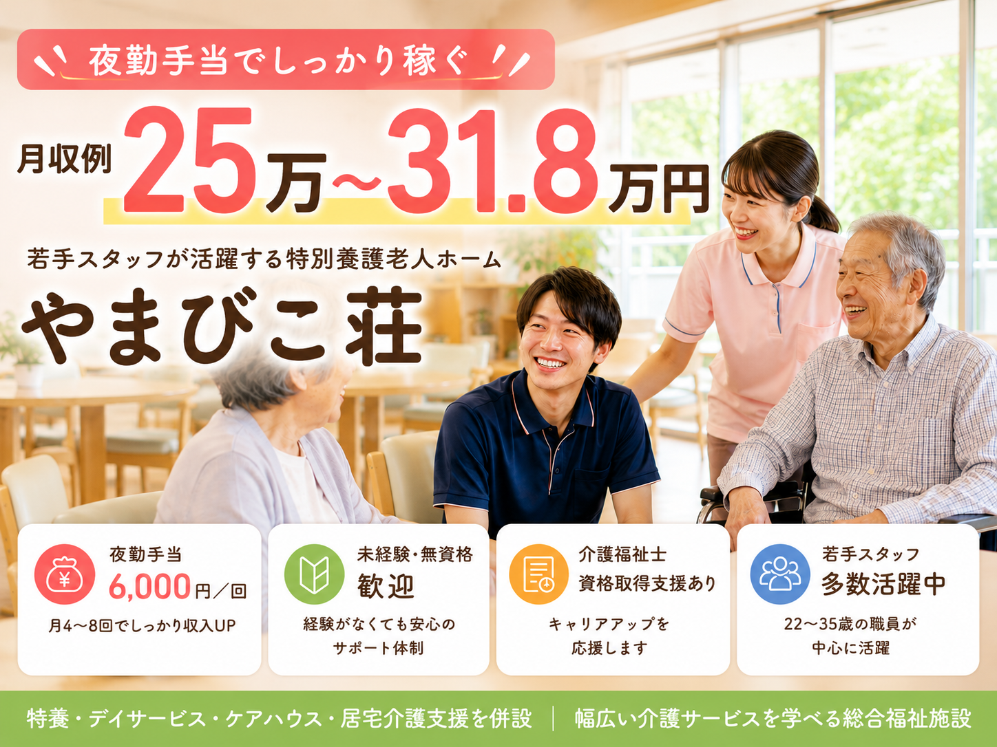 特別養護老人ホーム やまびこ荘 介護職員 募集｜夜勤手当でしっかり稼ぐ 月収例25万〜31.8万円・若手活躍中