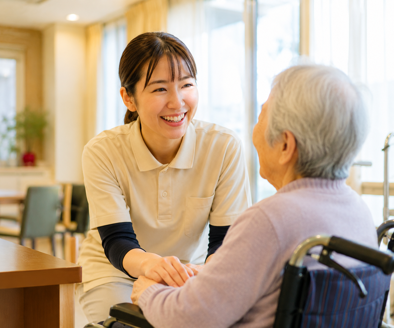 介護スタッフが入居者さまに笑顔で寄り添う様子